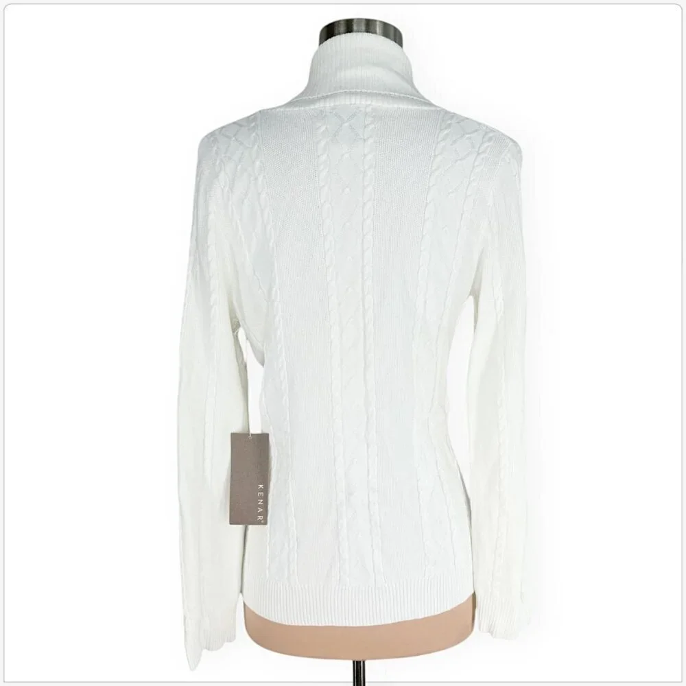 Kenar White Cableknit Zip Front Silver Metal Clasp Cardigan Sweater NWT NEW S